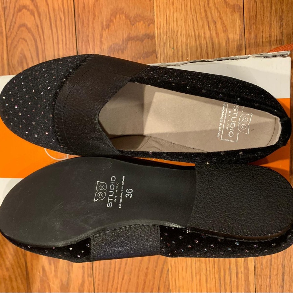 Brand New Black Shoes with Elastic Strap and Rhinestones